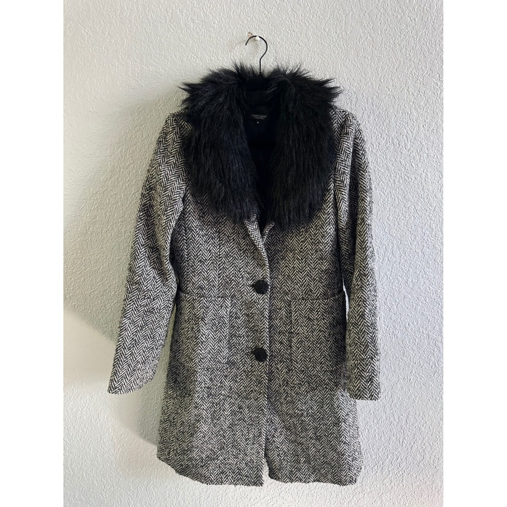 Karen Kane Lifestyle Herringbone Wool Blend Coat Faux Fur Collar Grey Black M